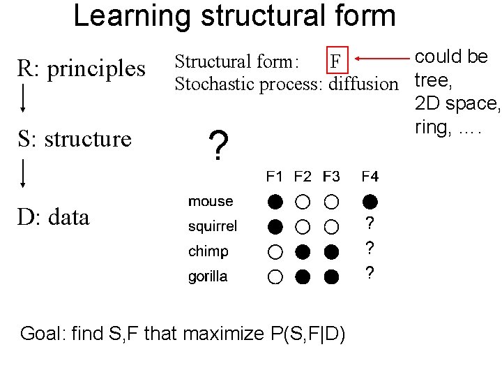 Learning structural form R: principles S: structure could be Structural form: F Stochastic process: