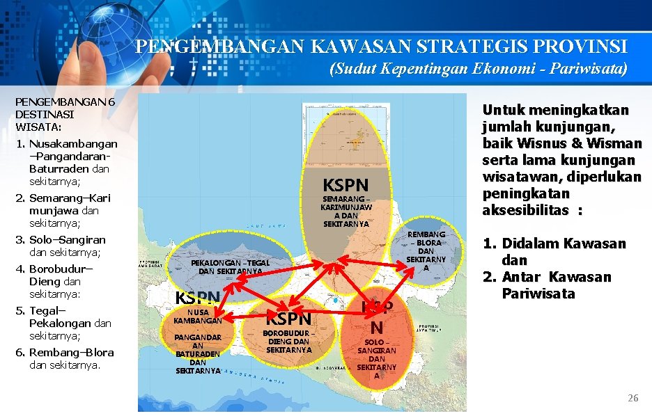 PENGEMBANGAN KAWASAN STRATEGIS PROVINSI (Sudut Kepentingan Ekonomi - Pariwisata) PENGEMBANGAN 6 DESTINASI WISATA: 1.