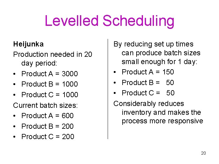 Levelled Scheduling Heijunka Production needed in 20 day period: • Product A = 3000