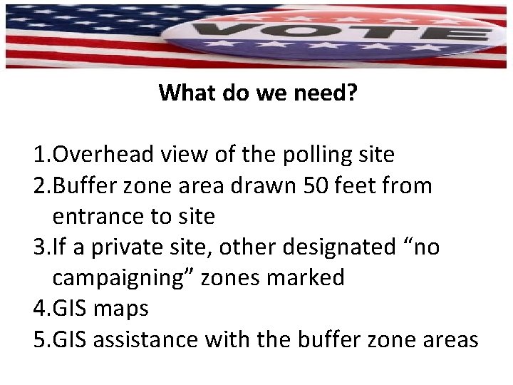 What do we need? 1. Overhead view of the polling site 2. Buffer zone