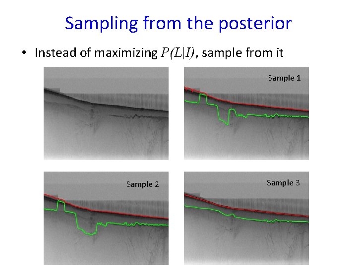 Sampling from the posterior • Instead of maximizing P(L|I), sample from it Sample 1