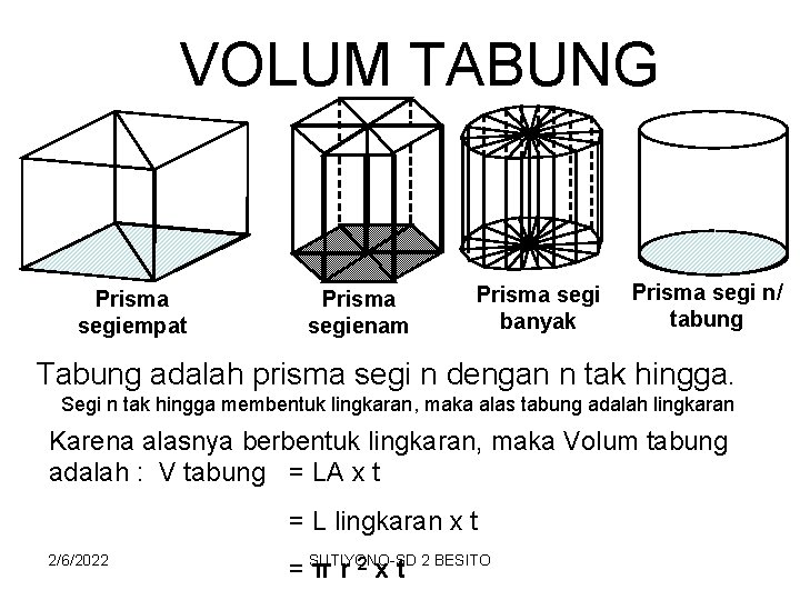 VOLUM TABUNG Prisma segiempat Prisma segienam Prisma segi banyak Prisma segi n/ tabung Tabung