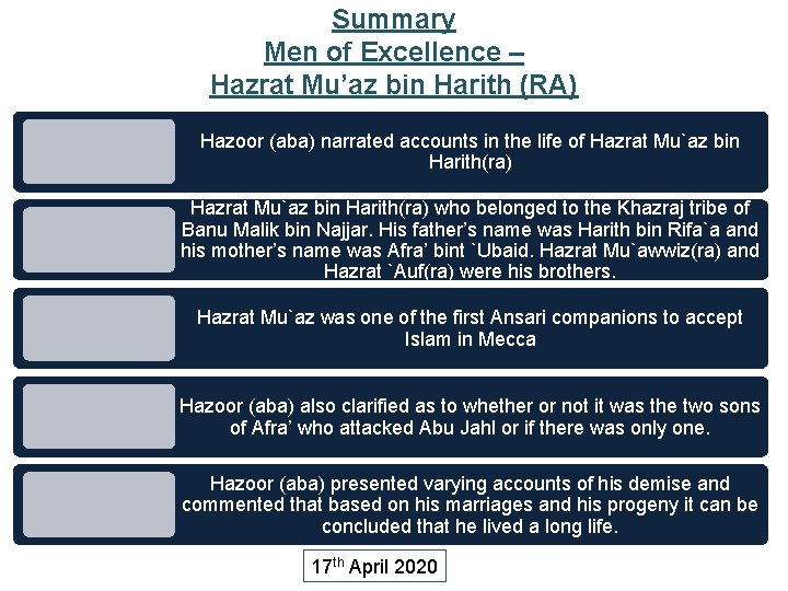 Summary Men of Excellence – Hazrat Mu’az bin Harith (RA) Hazoor (aba) narrated accounts