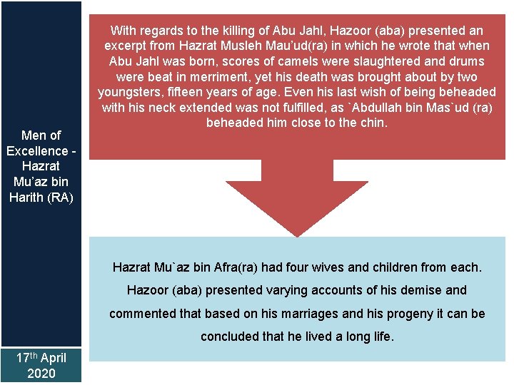 Men of Excellence Hazrat Mu’az bin Harith (RA) With regards to the killing of
