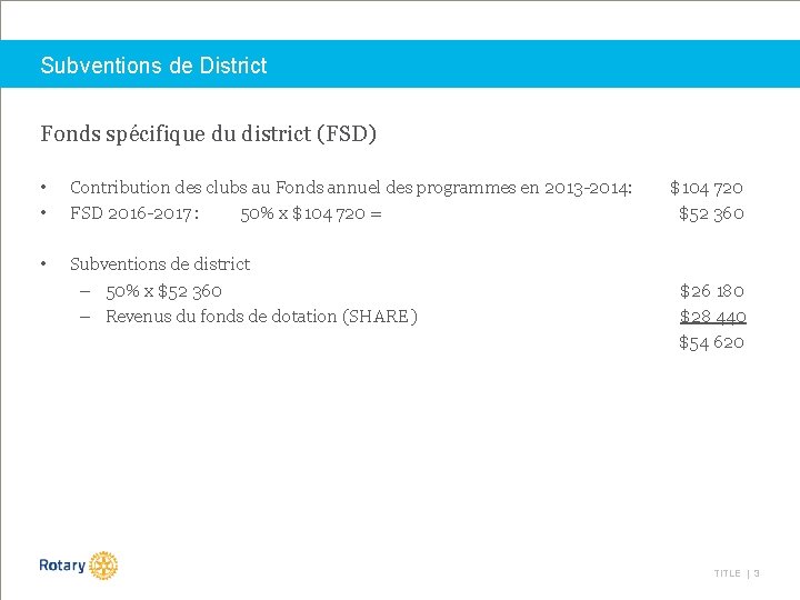 Subventions de District Fonds spécifique du district (FSD) • • Contribution des clubs au