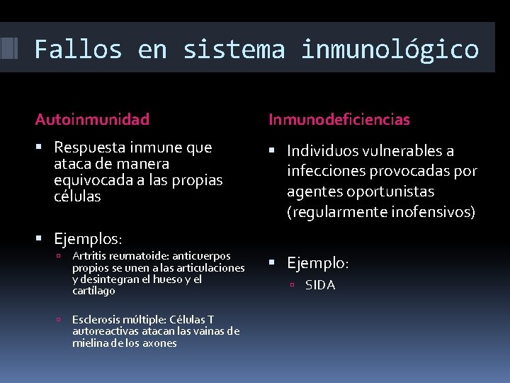 Fallos en sistema inmunológico Autoinmunidad Inmunodeficiencias Respuesta inmune que ataca de manera equivocada a