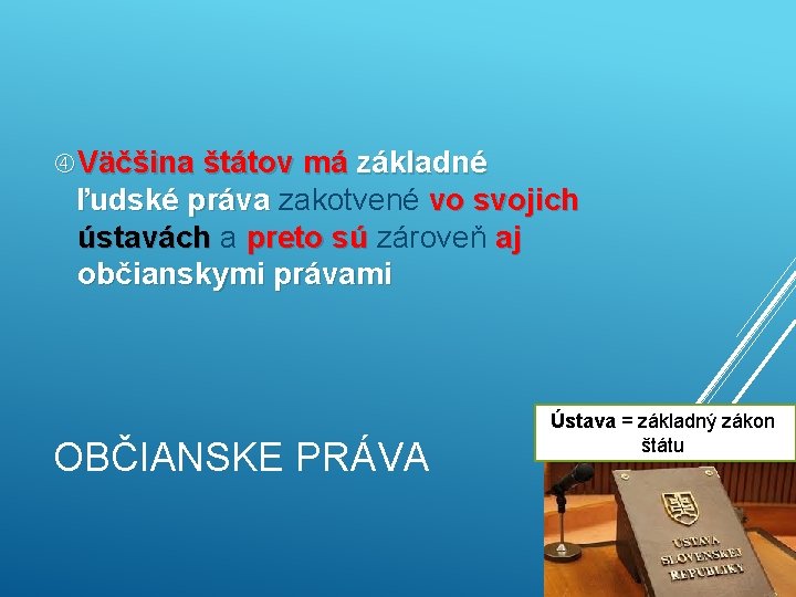  Väčšina štátov má základné ľudské práva zakotvené vo svojich ústavách a preto sú