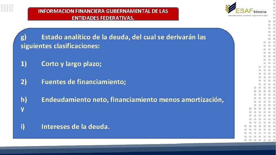 INFORMACION FINANCIERA GUBERNAMENTAL DE LAS ENTIDADES FEDERATIVAS. g) Estado analítico de la deuda, del