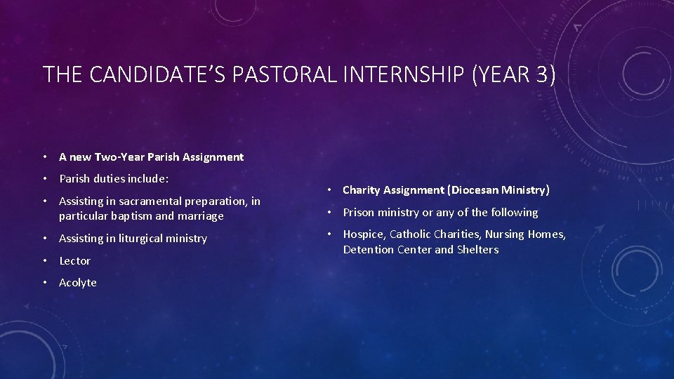 THE CANDIDATE’S PASTORAL INTERNSHIP (YEAR 3) • A new Two-Year Parish Assignment • Parish