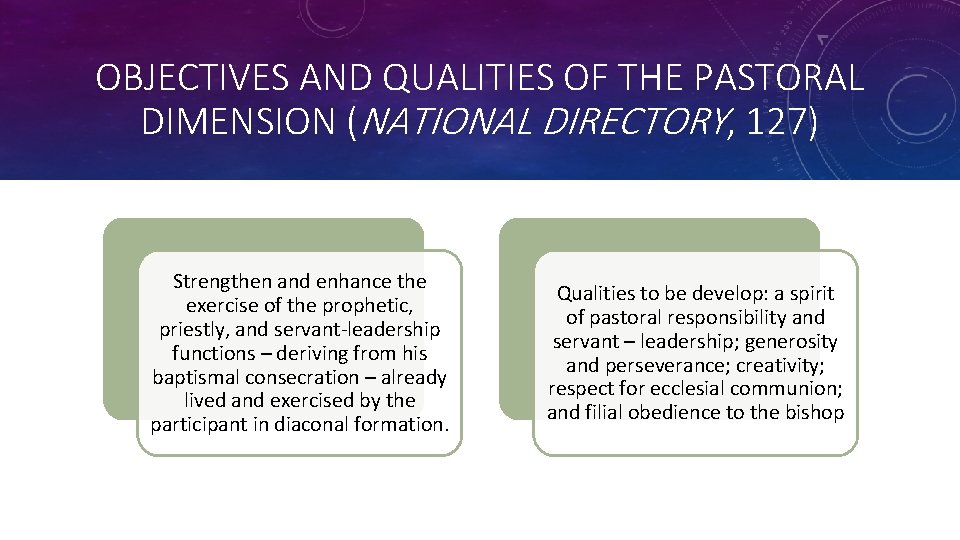 OBJECTIVES AND QUALITIES OF THE PASTORAL DIMENSION (NATIONAL DIRECTORY, 127) Strengthen and enhance the