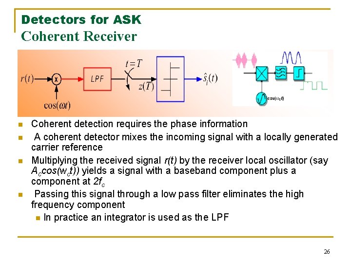 Detectors for ASK Coherent Receiver n n Coherent detection requires the phase information A