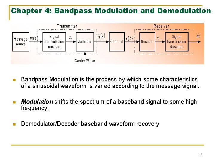 Chapter 4: Bandpass Modulation and Demodulation n Bandpass Modulation is the process by which