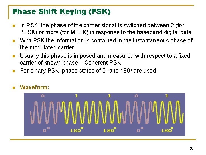 Phase Shift Keying (PSK) n In PSK, the phase of the carrier signal is