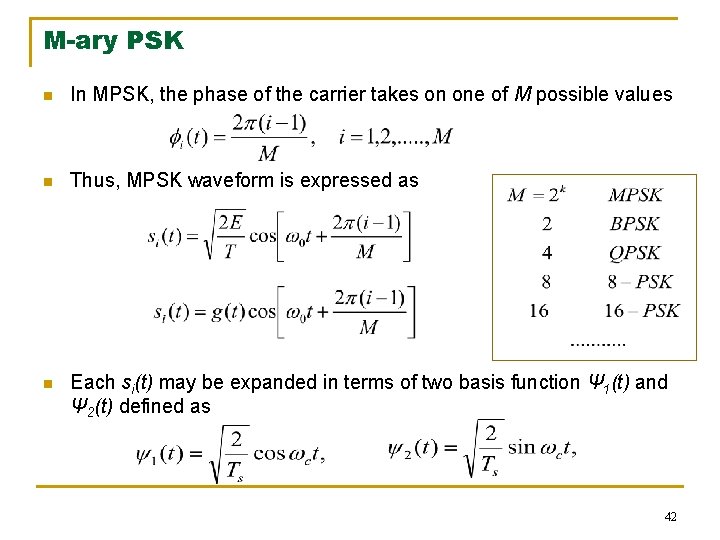 M-ary PSK n In MPSK, the phase of the carrier takes on one of