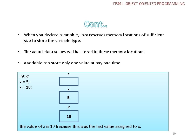 FP 301 OBJECT ORIENTED PROGRAMMING Cont. . • When you declare a variable, Java