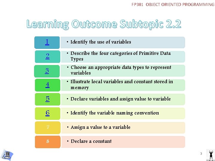 FP 301 OBJECT ORIENTED PROGRAMMING Learning Outcome Subtopic 2. 2 1 • Identify the