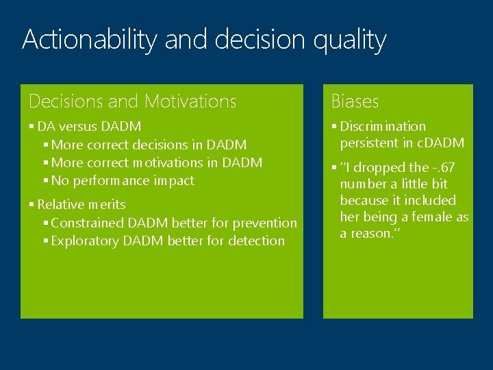 Actionability and decision quality Decisions and Motivations Biases § DA versus DADM § More