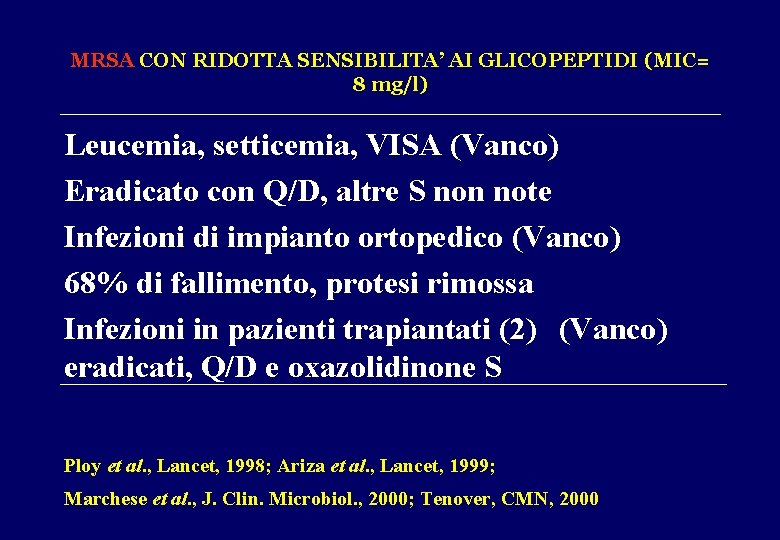 MRSA CON RIDOTTA SENSIBILITA’ AI GLICOPEPTIDI (MIC= 8 mg/l) Leucemia, setticemia, VISA (Vanco) Eradicato