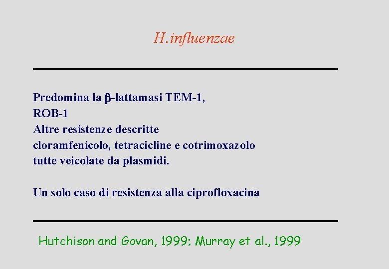 H. influenzae Predomina la b-lattamasi TEM-1, ROB-1 Altre resistenze descritte cloramfenicolo, tetracicline e cotrimoxazolo