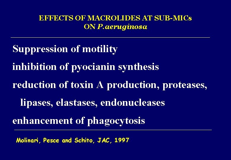 EFFECTS OF MACROLIDES AT SUB-MICs ON P. aeruginosa Suppression of motility inhibition of pyocianin