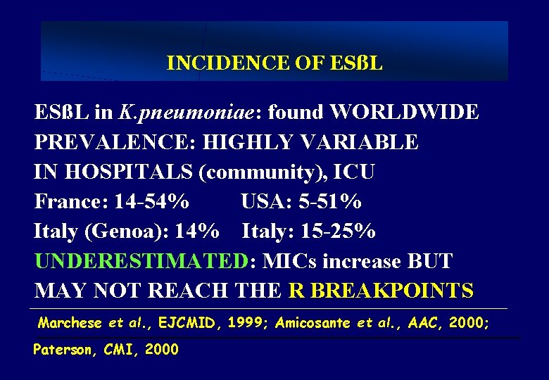 INCIDENCE OF ESßL in K. pneumoniae: found WORLDWIDE PREVALENCE: HIGHLY VARIABLE IN HOSPITALS (community),