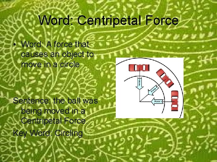 Word: Centripetal Force • Word: A force that causes an object to move in