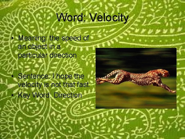 Word: Velocity • Meaning: the speed of an object in a particular direction •