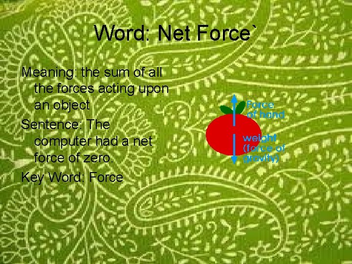 Word: Net Force` Meaning: the sum of all the forces acting upon an object