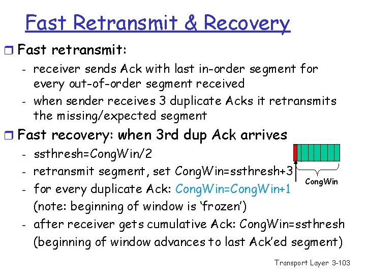 Fast Retransmit & Recovery r Fast retransmit: - receiver sends Ack with last in-order