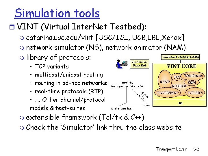 Simulation tools r VINT (Virtual Inter. Net Testbed): m catarina. usc. edu/vint [USC/ISI, UCB,