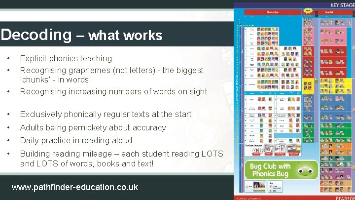 Decoding – what works • • • Explicit phonics teaching Recognising graphemes (not letters)