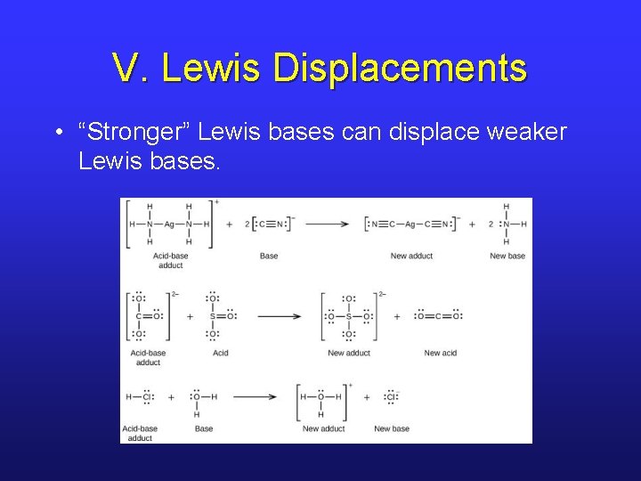 V. Lewis Displacements • “Stronger” Lewis bases can displace weaker Lewis bases. 