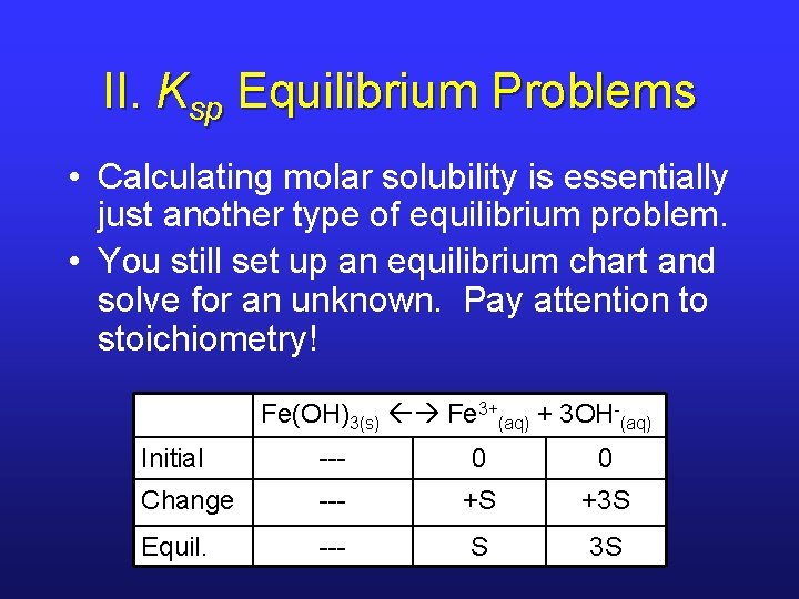 II. Ksp Equilibrium Problems • Calculating molar solubility is essentially just another type of