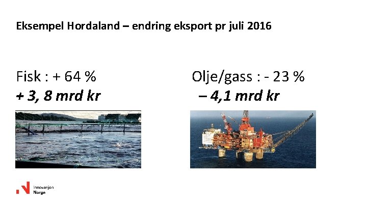 Eksempel Hordaland – endring eksport pr juli 2016 Fisk : + 64 % +