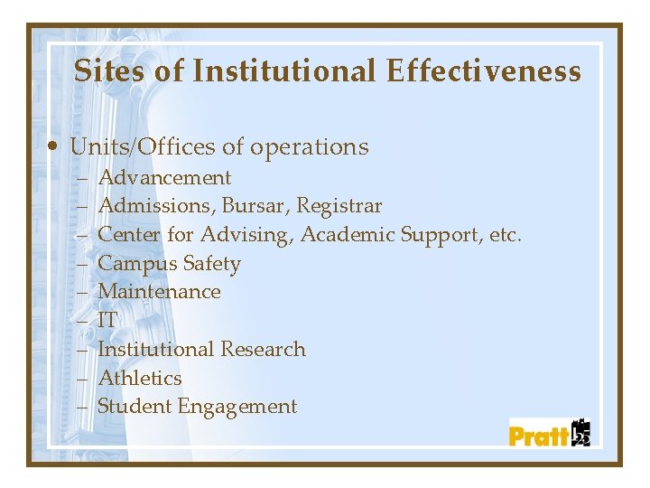 Sites of Institutional Effectiveness • Units/Offices of operations – – – – – Advancement