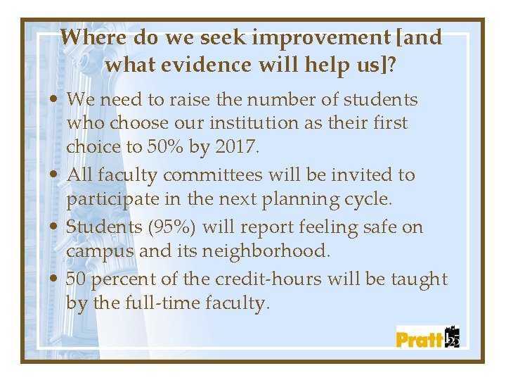 Where do we seek improvement [and what evidence will help us]? • We need