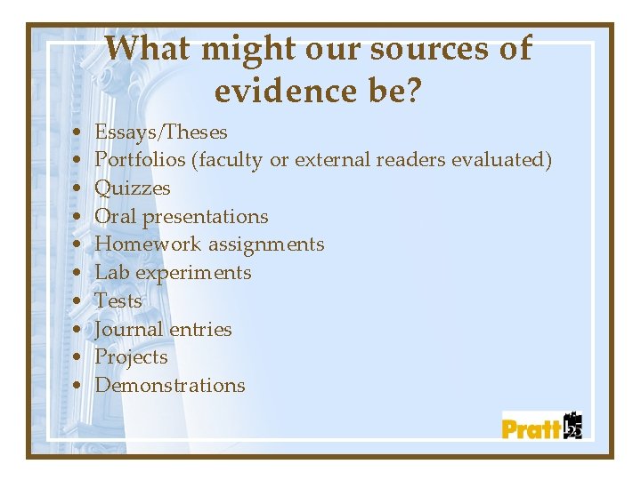 What might our sources of evidence be? • • • Essays/Theses Portfolios (faculty or