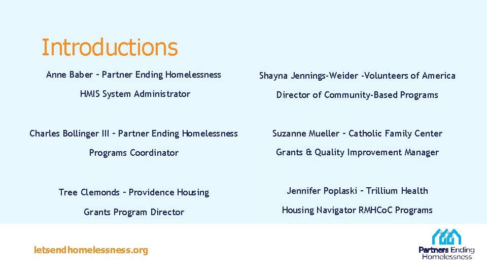 Introductions Anne Baber – Partner Ending Homelessness Shayna Jennings-Weider -Volunteers of America HMIS System