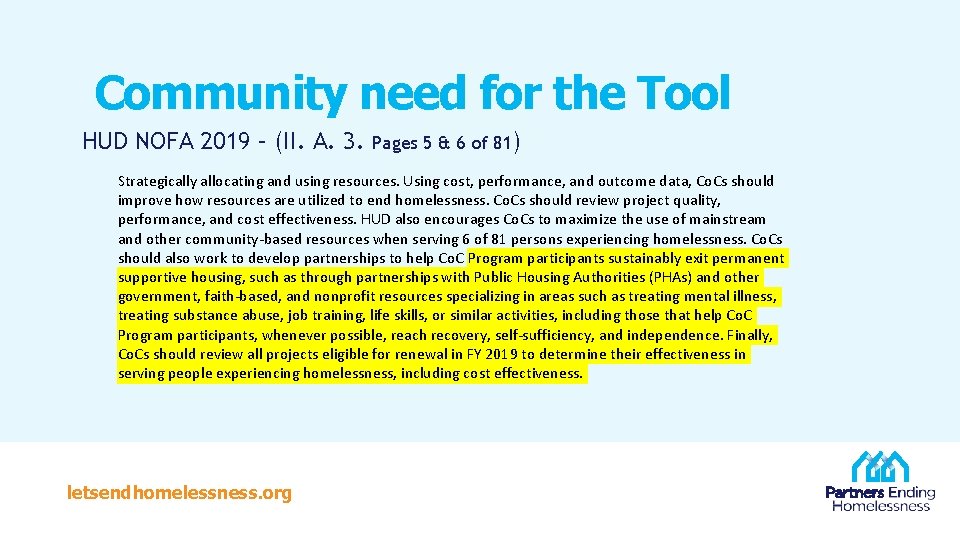 Community need for the Tool HUD NOFA 2019 – (II. A. 3. Pages 5