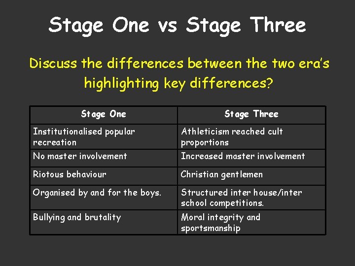 Stage One vs Stage Three Discuss the differences between the two era’s highlighting key