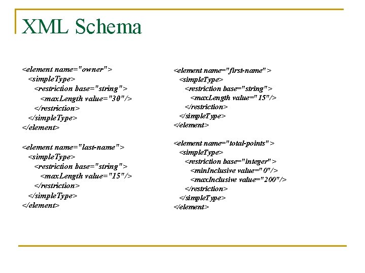 XML Schema <element name="owner"> <simple. Type> <restriction base="string"> <max. Length value="30"/> </restriction> </simple. Type>