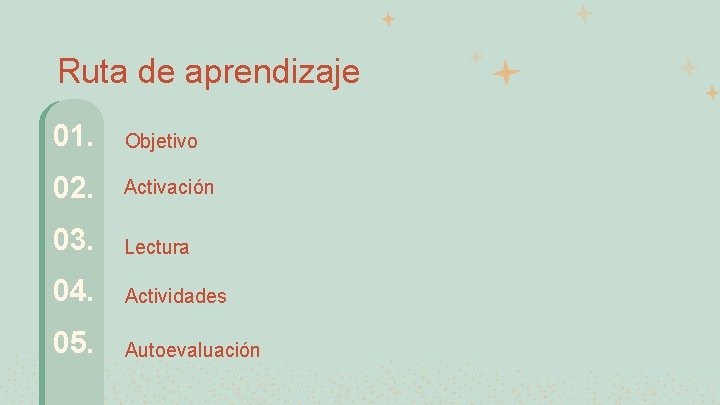 Ruta de aprendizaje 01. Objetivo 02. Activación 03. Lectura 04. Actividades 05. Autoevaluación 