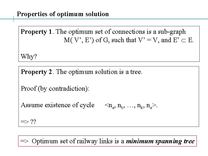 Properties of optimum solution Property 1. The optimum set of connections is a sub-graph