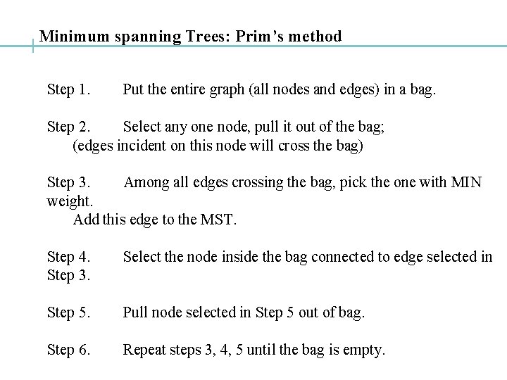 Minimum spanning Trees: Prim’s method Step 1. Put the entire graph (all nodes and