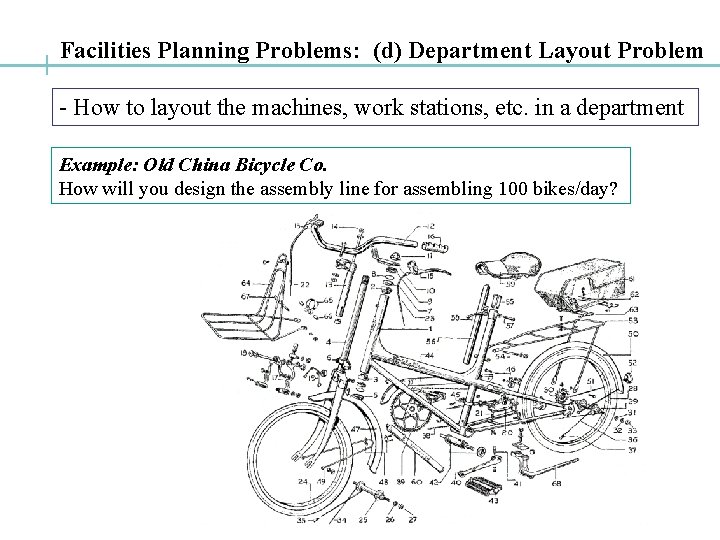 Facilities Planning Problems: (d) Department Layout Problem - How to layout the machines, work