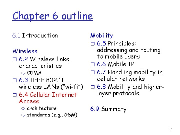 Chapter 6 outline 6. 1 Introduction Wireless r 6. 2 Wireless links, characteristics m