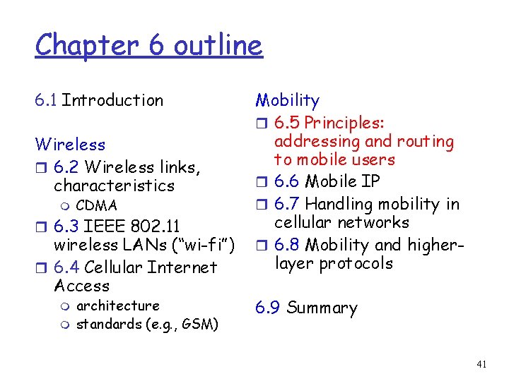 Chapter 6 outline 6. 1 Introduction Wireless r 6. 2 Wireless links, characteristics m