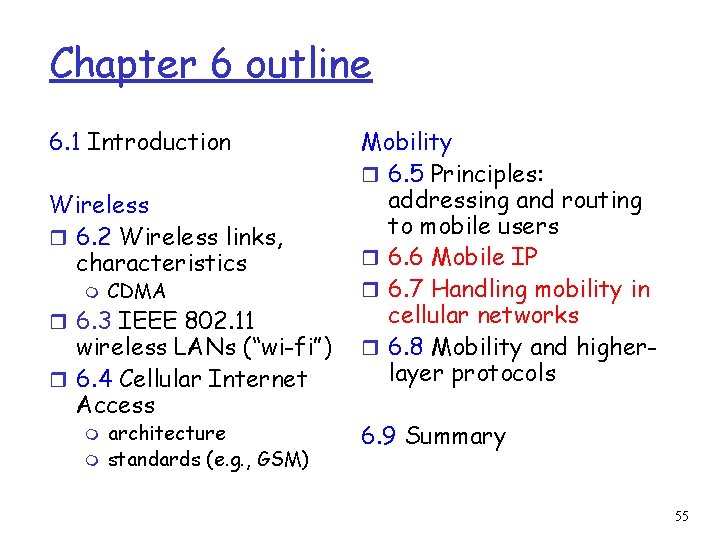 Chapter 6 outline 6. 1 Introduction Wireless r 6. 2 Wireless links, characteristics m