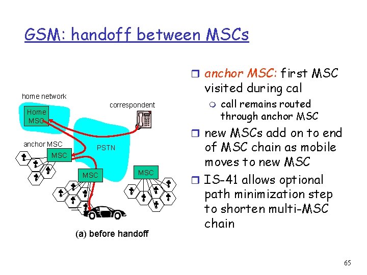GSM: handoff between MSCs r anchor MSC: first MSC visited during cal home network