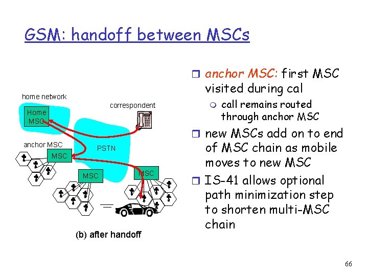 GSM: handoff between MSCs r anchor MSC: first MSC visited during cal home network